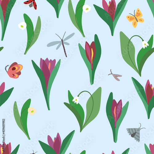 Crocuses  snowdrops  insects doodles. Hand drawn vector seamless pattern. Spring time colored cartoon ornament. Simple floral design for print  fabric  textile  background  wrap  wallpaper  decor etc.
