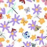 Cute flowers and insects doodles. Hand drawn vector seamless pattern. Spring, summertime colored cartoon ornament. Simple floral design for print, fabric, textile, background, wrap, wallpaper, decor.