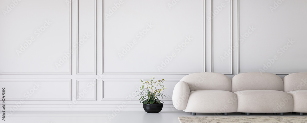 White living room in modern design, minimal clear space on empty classic background, panorama, 3d render