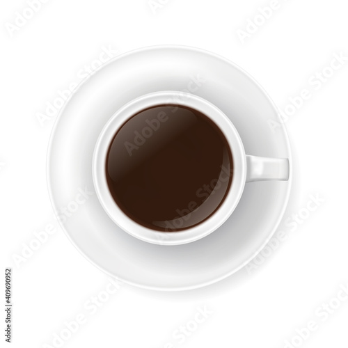 Top view at white coffee cup on plate. Realistic vector illustration of hot coffee drink mug - espresso or americano. 3d caffeine beverage element for cafe menu