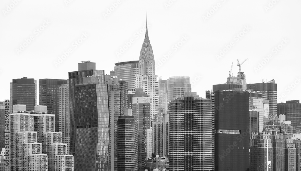 Black and white picture of Manhattan skyline, New York City, USA.