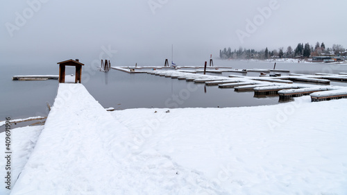 Snow covered boat docks in winter