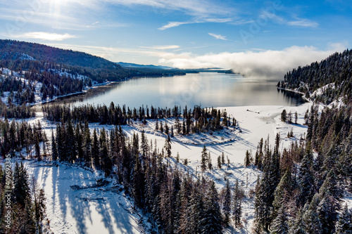 Aerial view North Shore Payette lake in winter photo