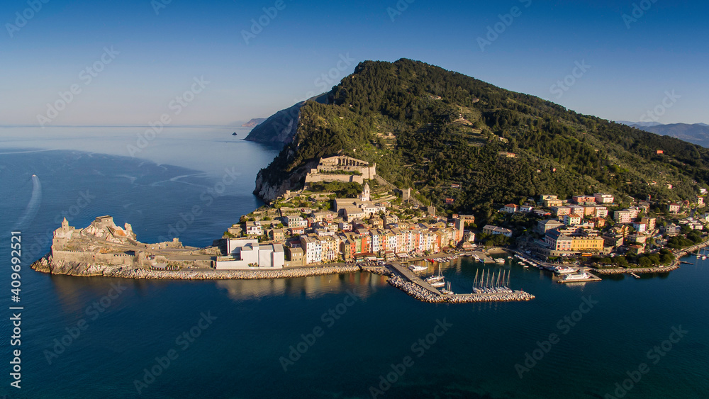 Italy, aerial view of the village of Portovenere Unesco heritage in the province of La Spezia in the Liguria region