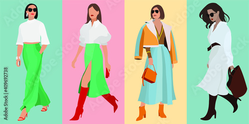 vector flat design fashion illustration on the theme of street style and outfit ideas. stylish beautiful young girls in trendy outfits on a colorful bright background. all elements are isolated.