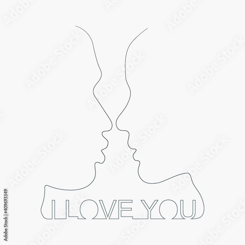Portrait of a girl and a young man continuous contour. Vector illustration of the contours of a girl and a boy with the inscription I love you. For use in the design process.