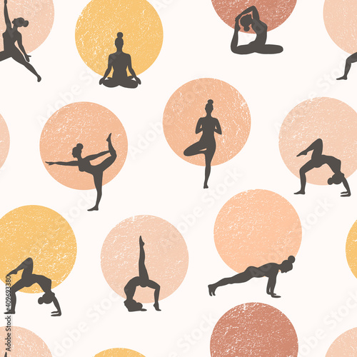 Yoga seamless pattern.Healthy lifestyle. World Health Day. Surface design with yoga class with people meditating and doing exercise.