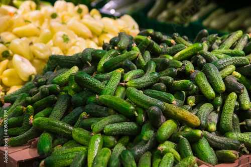 Cucumbers on the counter of the store