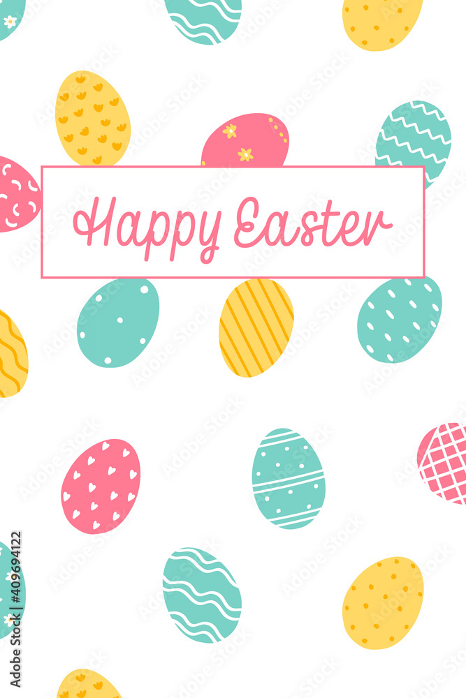 Happy Easter greeting card. Decorated Easter eggs on white background. Vector illustration in flat style. Happy Easter greeting card. Decorated Easter eggs on white background. Vector illustration in flat style.