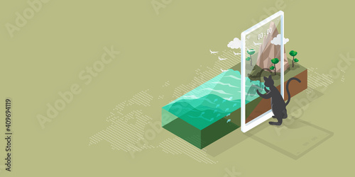 Online education concept about environmental conservation presented by smartphone presented by a smartphone and a cat looking at the isometric nature of mountains and lakes