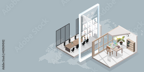 Work from home concept is presented in isometric style of home office and smarthphone with video conference application and office that has to be temporarily closed to reduce the virus outbreak