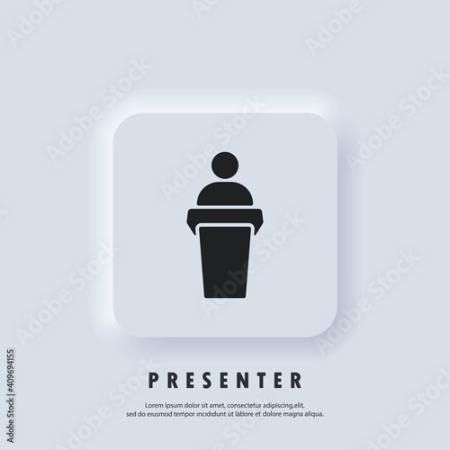 Speaker icon. Speaker speaking from the podium. Training, presentation icon. Business Presentation Icons. Teacher icon. Vector. Neumorphic UI UX white user interface web button. Neumorphism