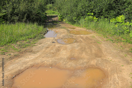Large puddles on an abandoned forest road