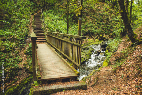 Hiking trail in German forest. Scenic footpath with wooden bridge in Rothaar Mountains in Northrhine-Westphalia state