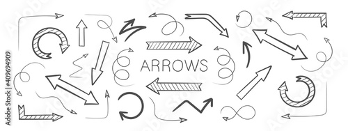 Set arrow icon. Hand drawn arrows. Set of vector curved arrows. Sketch doodle style. Vector illustration