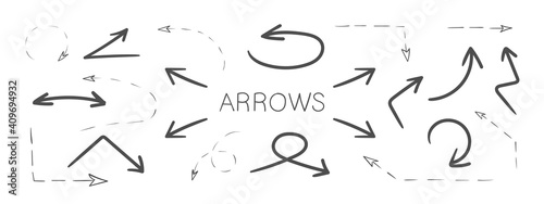 Arrows icons. Hand drawn arrows. Set of vector curved arrows. Sketch doodle style. Vector illustration