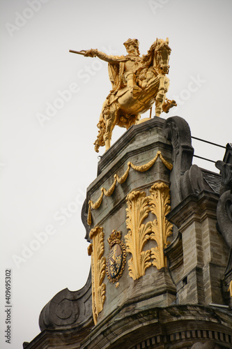 Brussels (Bruxelles), Belgium. Belgium. August 17, 2019: Maison de brasseurs on the Grand Place. Golden statue of Charles de Lorraine on the top. photo