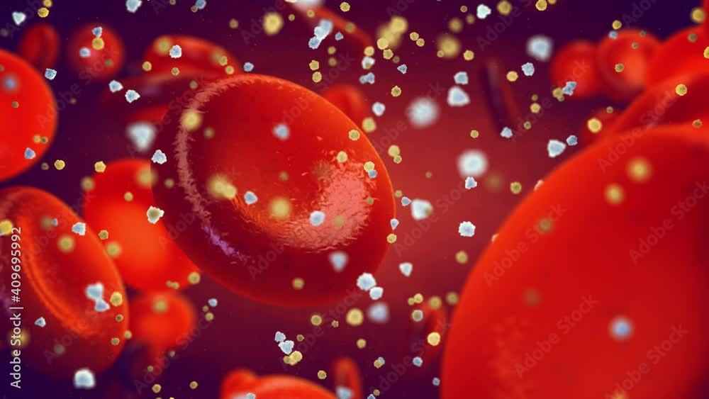 Diabetes is a metabolic disorder caused by high levels of blood sugar. 3d render animation of glucose and insulin molecules in the blood.
