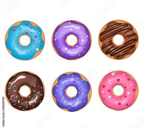 Set of bright ponnuts. Vector illustration of desserts. Collection of sweet pastries
