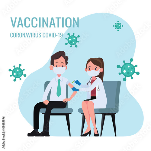 Doctor makes an injection of flu vaccine to man in hospital. coronavirus, Covid-19 , prevention and immunize.
