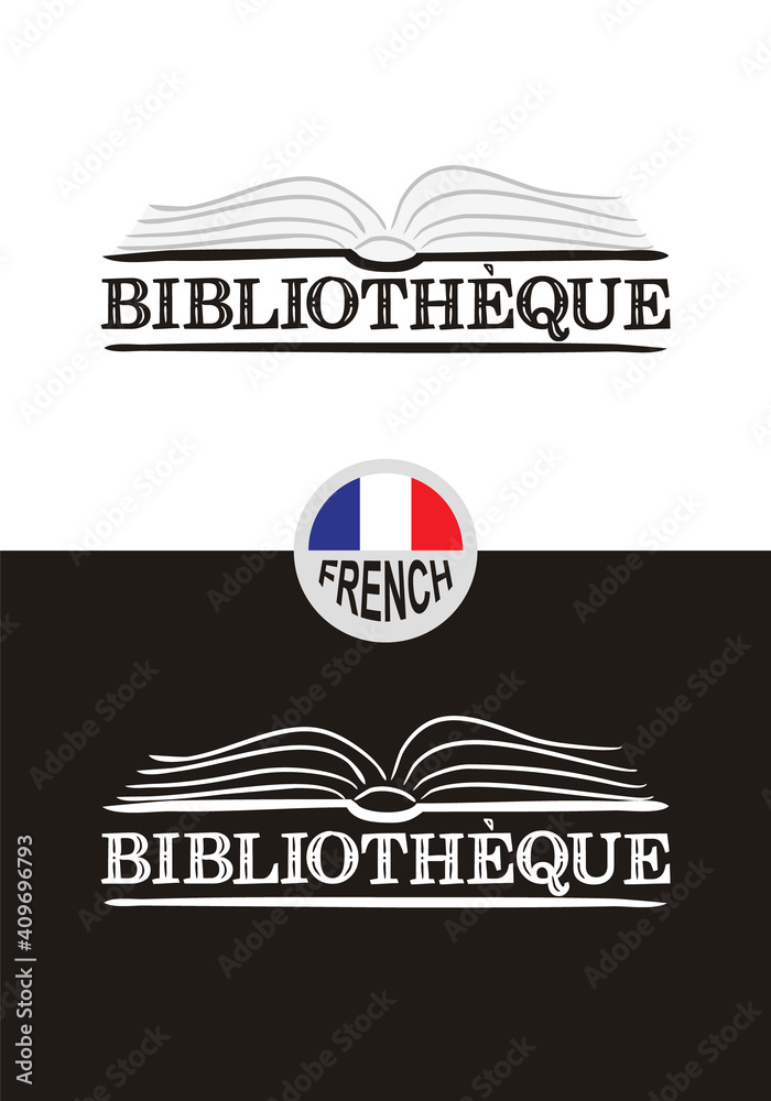 Library logo for France. Hand-drawn icon of an opened book. Library emblem in chalk style on a black chalkboard. Vector illustration for poster, banner or app design.
