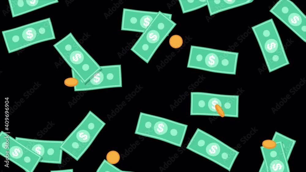 Animation of bills and coins rain. 2d flat style. Falling Dollar ...