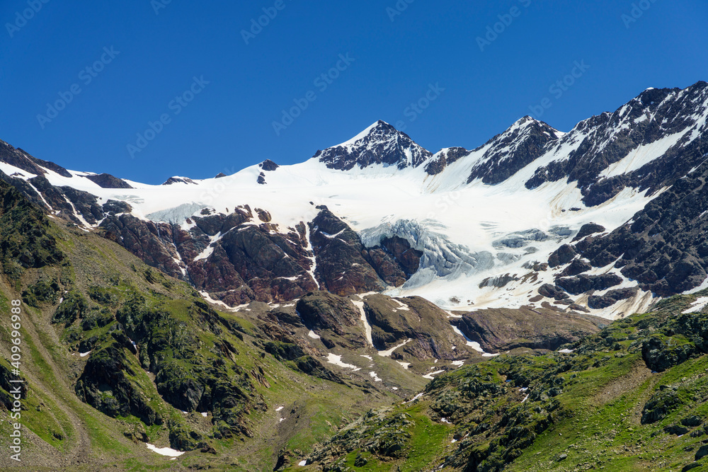 Passo Gavia, mountain pass in Lombardy, Italy, at summer