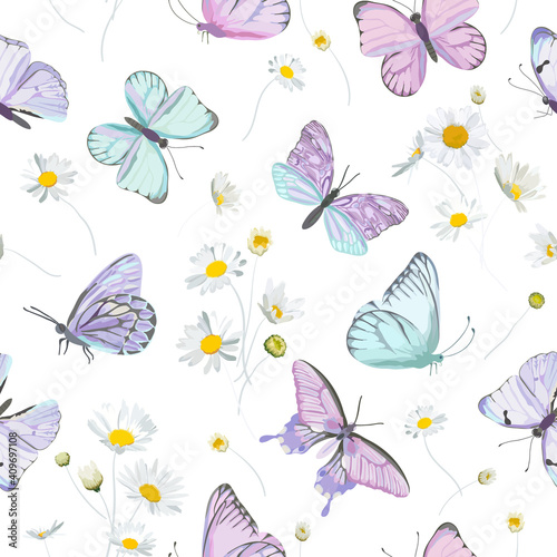 Seamless daisy flowers and butterfly vector background. Spring floral watercolor pattern © wooster