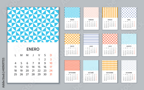 Spanish Calendar 2021 year. Week starts Monday. Wall template of Spain calender. Stationery layout with 12 months. Yearly organizer in Spanish. Vector illustration. Portrait vertical orientation