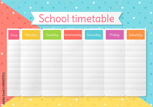 School schedule. Timetable for kids. Weekly time table with lessons. Colorful student plan template. Educational classes diary. Vector illustration. Simple design on English, A4 paper size.