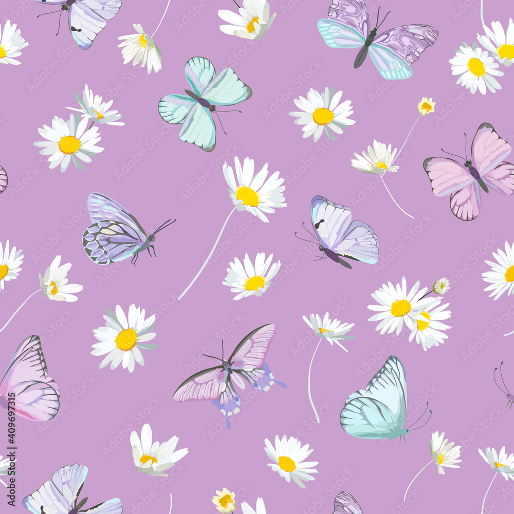 Seamless daisy flowers and butterfly violet vector background. Spring floral watercolor pattern