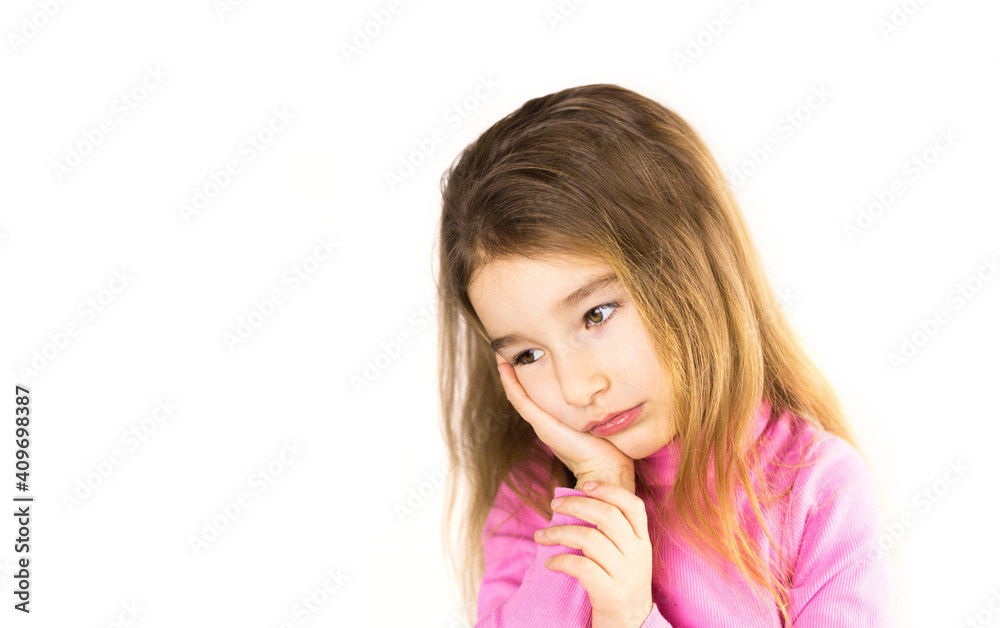 Little girl with sad and frightened face holds her cheek with hand - tooth hurts. Ear pain, toothache, swollen cheek and gums, problems of pediatric dentistry. Child medicine. Sadness and expectation Little girl with sad and frightened face holds her cheek with hand - tooth hurts. Ear pain, toothache, swollen cheek and gums, problems of pediatric dentistry. Child medicine. Sadness and expectation