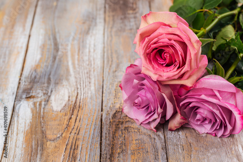Pink roses on wooden background. Greeting card for Valentine's day, March 8th or mother's day. Copy space