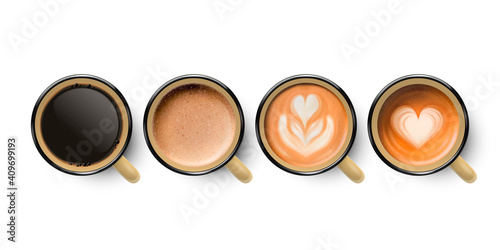 Vector 3d Realistic Enamel Metal Brown Mug with Black and Foam Milk Coffee Isolated on White Background. Capuccino, Latte, Espresso, Flower, Heart Pattern. Top View. Design Template for Mock up