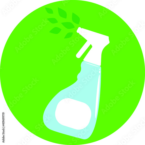 Organic, natural, environmentally friendly, safe cleaning agent. Vector illustration. The concept of natural ecological cleaning products. White bottle with spray bottle and green leaves  