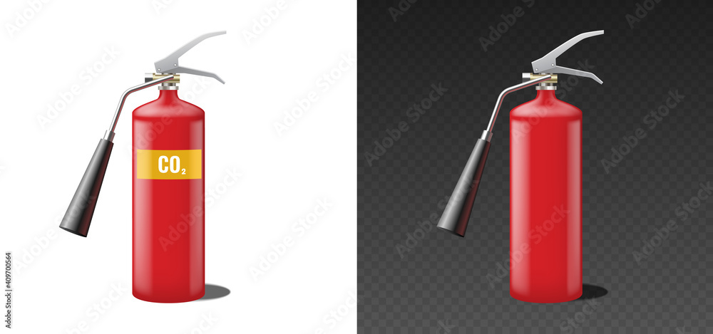 Obraz premium CO2 fire extinguisher with carbon dioxide label and blank, red realistic template mockup isolated