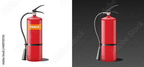 Realistic red fire extinguisher working on dry powder. Extinguisher template mockup isolated