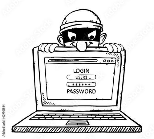 Sketch style vector illustration of masked hacker spying privet computer when user is trying to login. The hacker wants to steal private data from webpage. Black and white, doodle style illustration. 