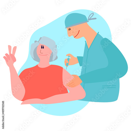 Vaccination time concept. Stop coronavirus concept. Doctor inoculates senior female patient, making vaccine injection in shoulder. Vector illustration. Banner, poster, social media post