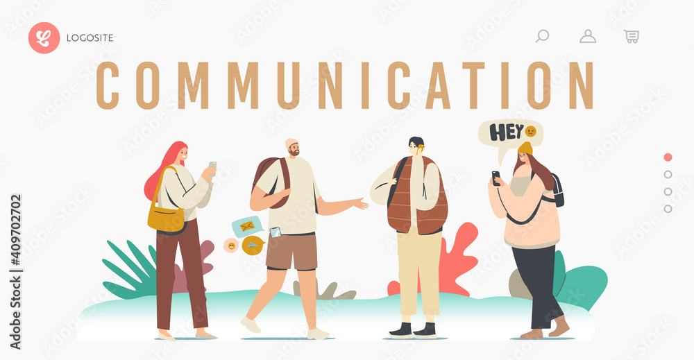 Phone Communication Landing Page Template. Young Men and Women with Mobile Smartphones, Teens Characters Chatting Phone Communication Landing Page Template. Young Men and Women with Mobile Smartphones, Teens Characters Chatting