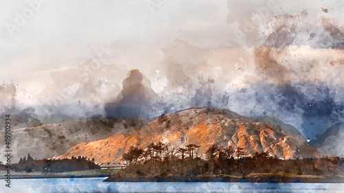 Digital watercolor image of Stunning soft light landscape image of Loch Leven in Scottish Highlands with glowing evening light on fells in distance
