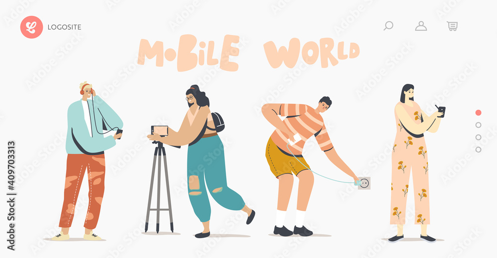Phone Accessories Landing Page Template. Young Characters Using Modern Digital Devices and Gadgets. Smartphone Supplies Phone Accessories Landing Page Template. Young Characters Using Modern Digital Devices and Gadgets. Smartphone Supplies