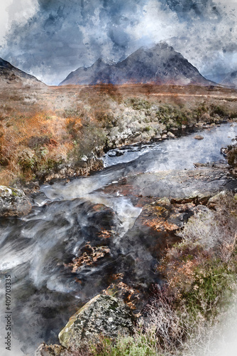 Digital watercolor image of Stunning majestic landscape image of Buachaille Etive Mor and River Etive in Scottish Highlands on a Winter morning with moody sky and lighting
