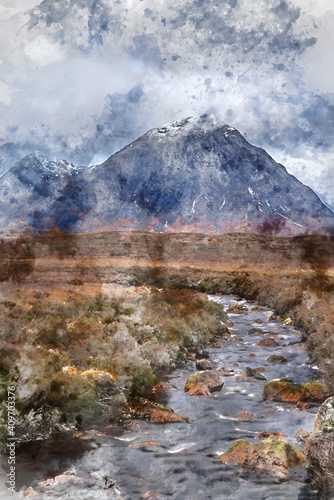 Digital watercolor image of Stunning majestic landscape image of Buachaille Etive Mor and River Etive in Scottish Highlands on a Winter morning with moody sky and lighting