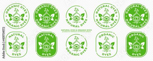 Conceptual stamps for packaging products - natural organic dyes. A flask - an eye with leaves - wings. Natural ingredients symbol. Vector elements