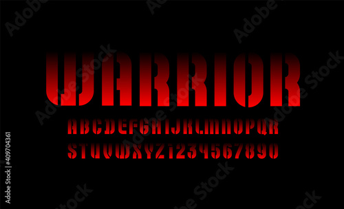 Stencil red font, condensed alphabet, modern letters and numbers, vector illustration 10EPS