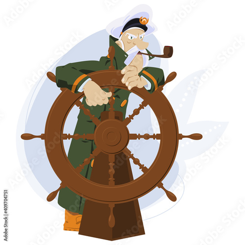 Sea wolf with pipe. Old captain of ship at wheel. Illustration for internet and mobile website.
