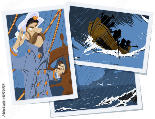 Sea wolf with pipe. Old captain of ship at wheel. Illustration for internet and mobile website.