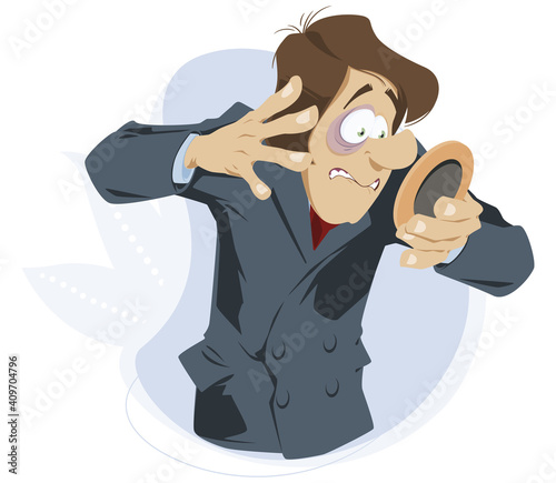 Man examines black eye in mirror. Illustration for internet and mobile website.