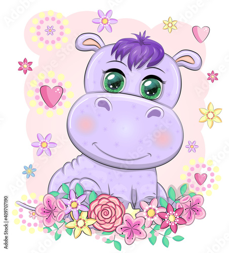 Cute hippo cartoon with beautiful eyes among flowers, hearts. print t-shirts, baby clothes fashion design, baby shower invitation card.